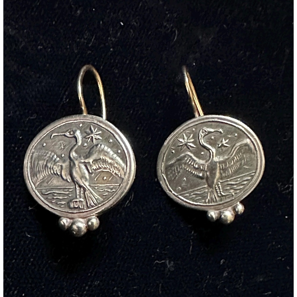 Paul D'Olympia Heron Earrings Sterling Silver & 14k Gold signed PDO